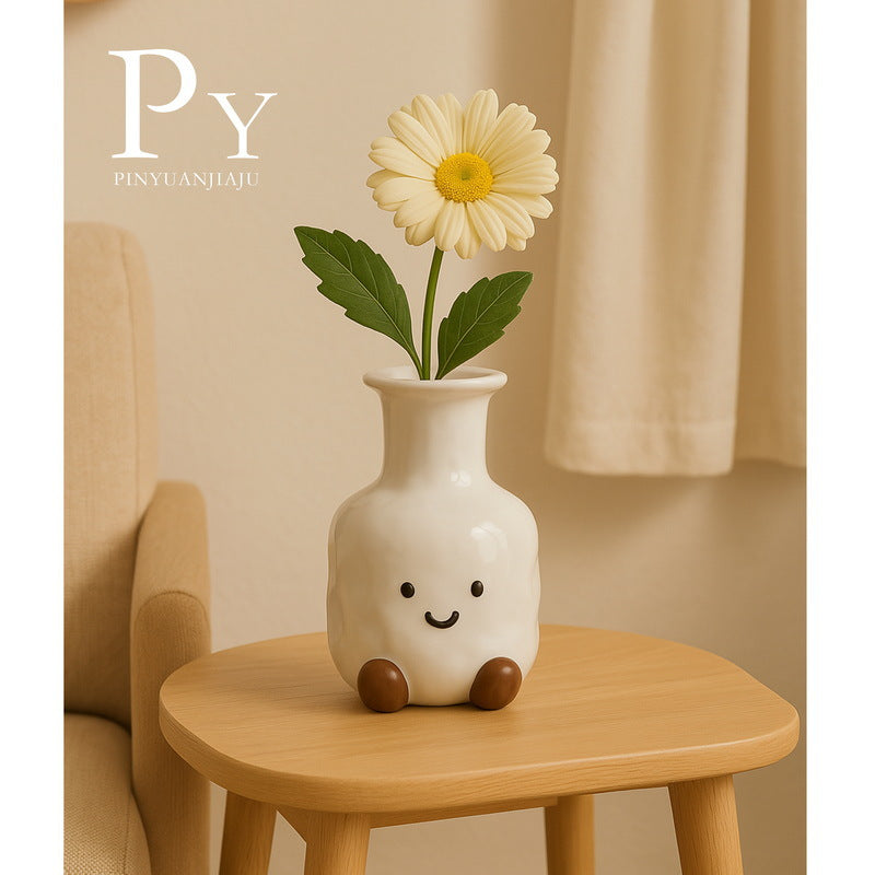 Cute Smiling Face Decorative Vase – Creative Ceramic Flower Vessel for Dried & Hydroponic Arrangements