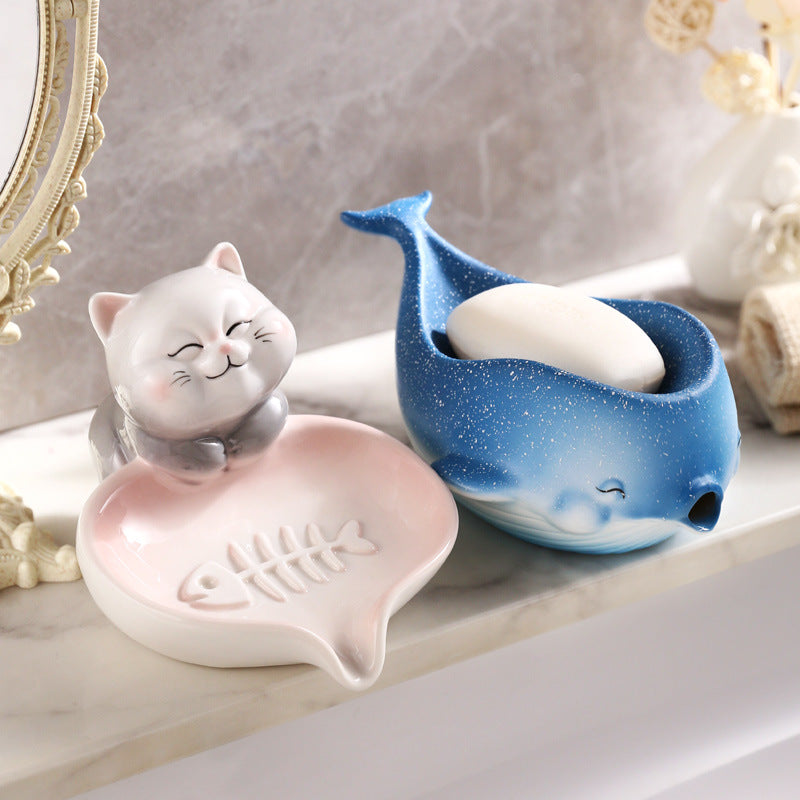 Punch-Free Dolphin Ceramic Soap Box Bathroom Drain Rack