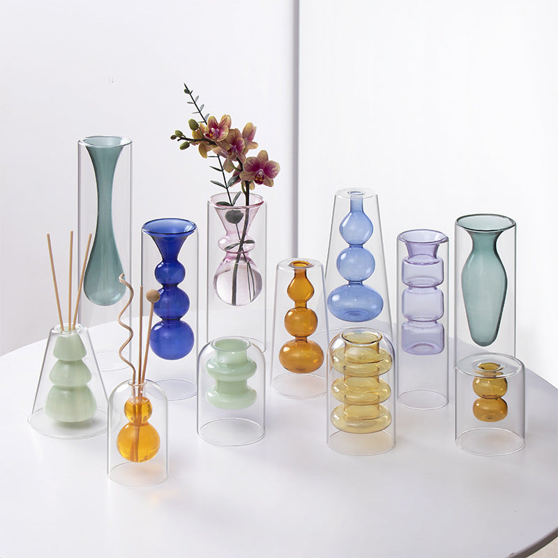 Colorful Double-Layer Glass Vase – Fire-Free Aromatherapy Bottle & Transparent Hydroponic Ornament for Desktop & Home Decoration