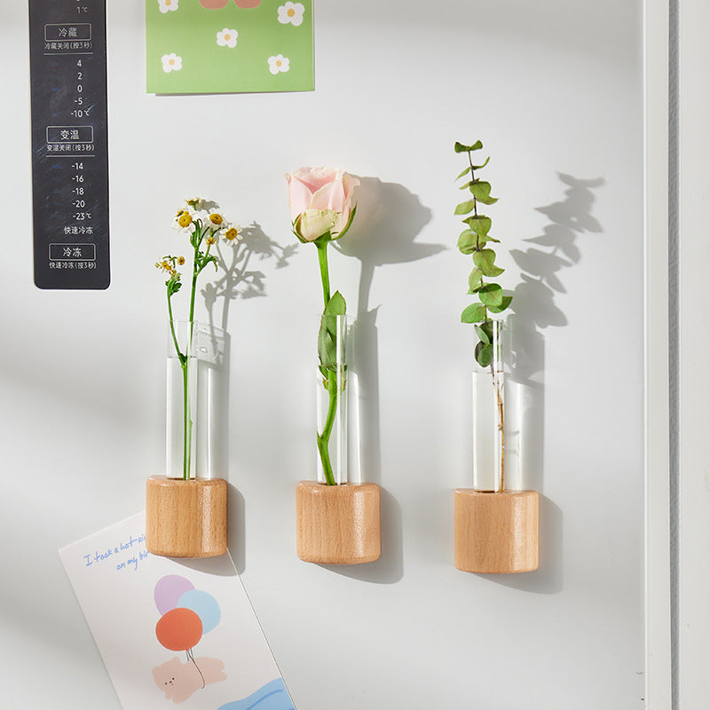 Solid Wood Magnetic Test Tube Vase – Creative Wall-Mounted Mini Flower Holder