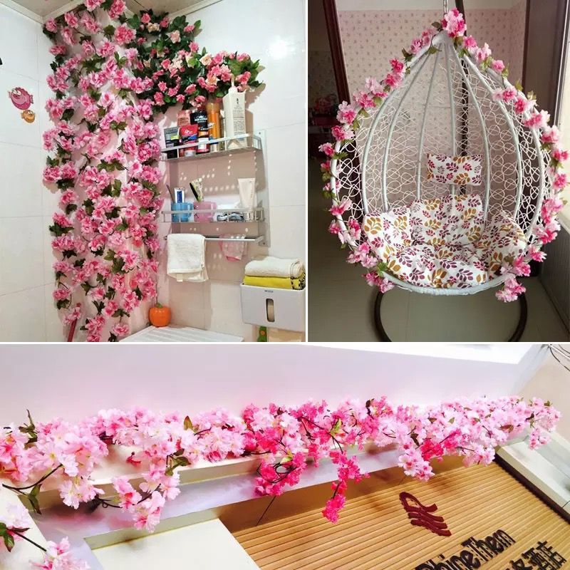 Simulated Cherry Blossom Vine – Plastic Hanging Flower Garland for Ceiling, AC Pipe & Interior Rattan Decoration