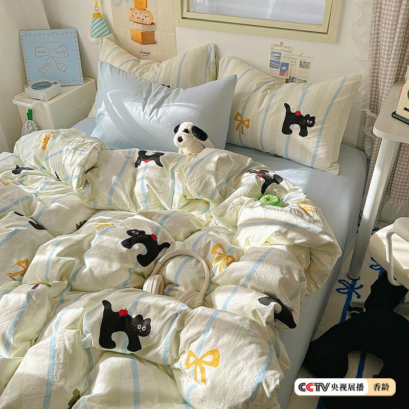 Cartoon Washed Cotton Dorm Bedding Set