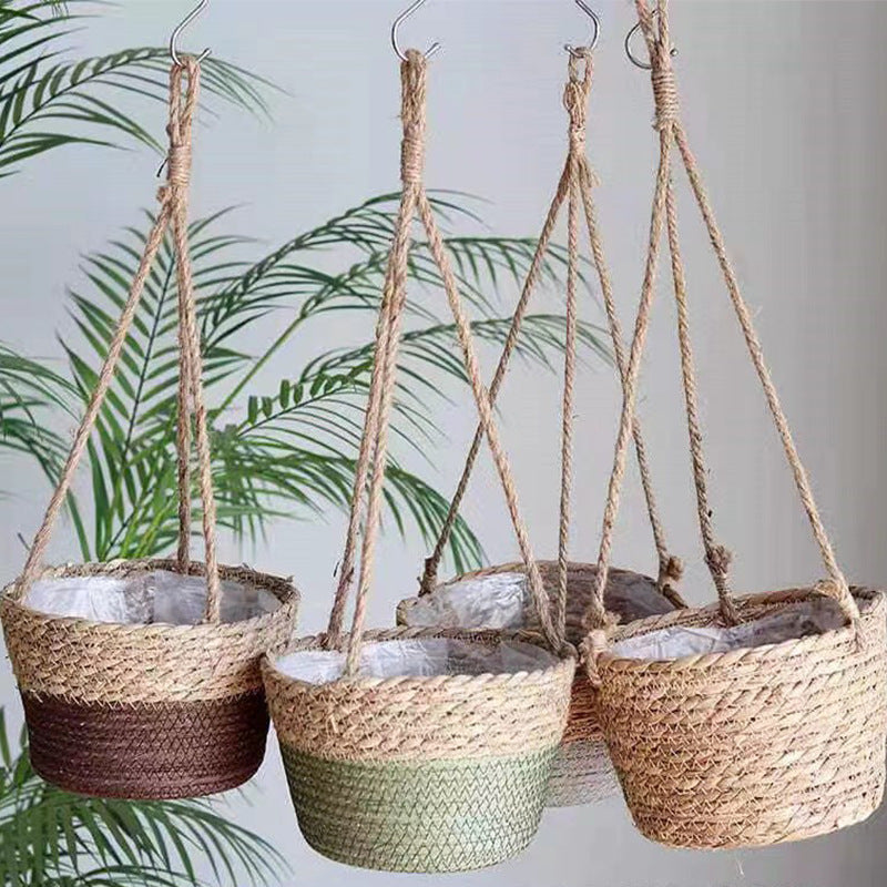 Woven Straw Hanging Flower Pot – Wall-Mounted Decorative Basket for Home & Garden