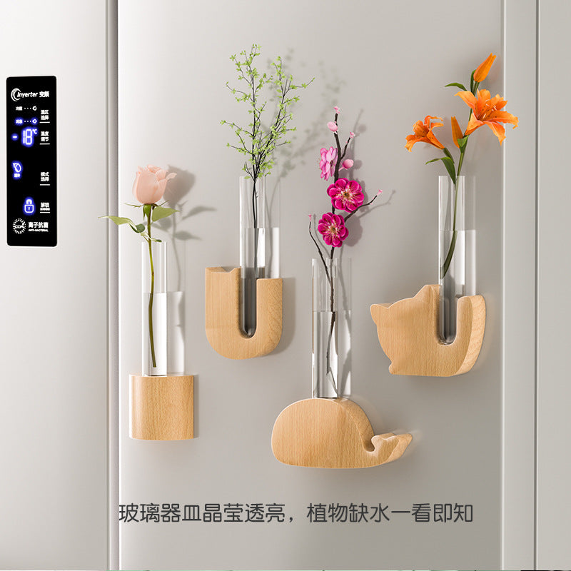 Solid Wood Magnetic Test Tube Vase for Wall Display