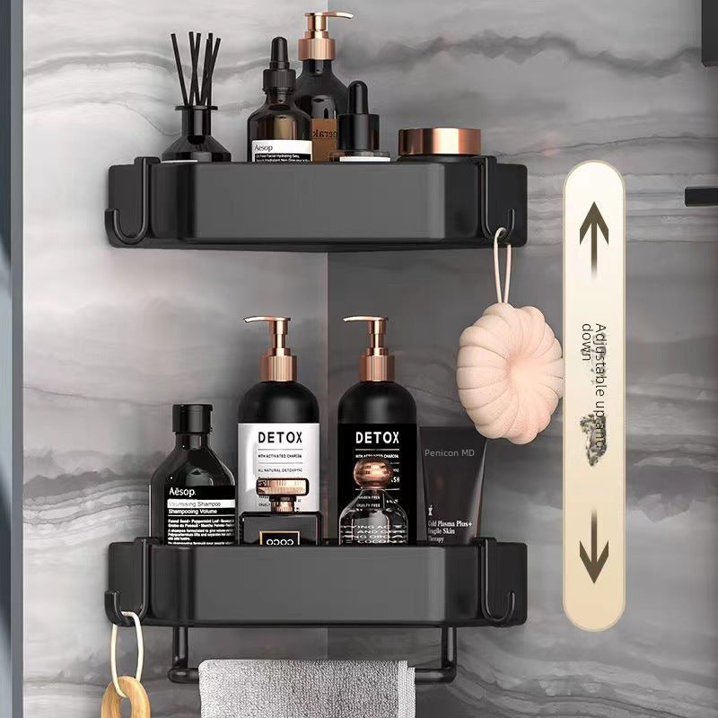 Black Corner Rack – No-Drill Double-Layer Bathroom Shelf