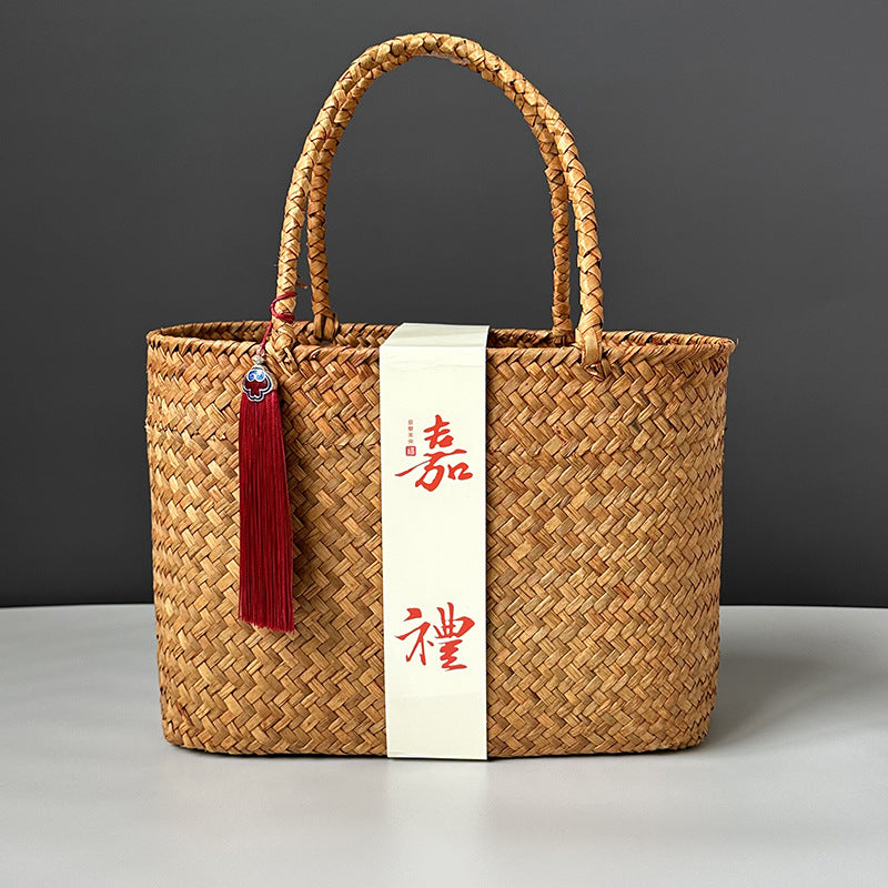 Vintage Bamboo Gift Basket with Handle