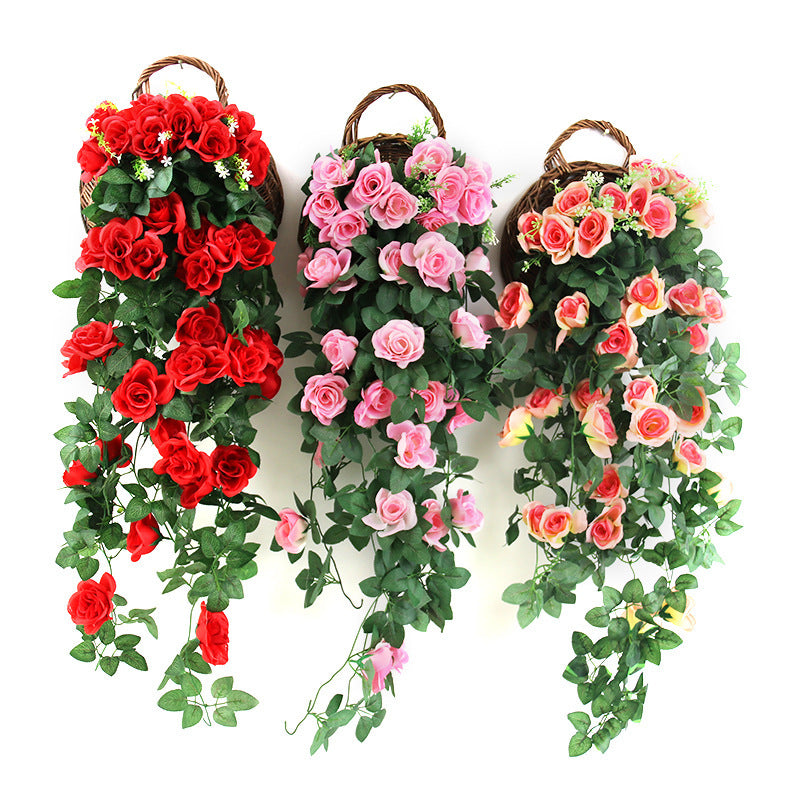 Artificial Rose Vine with Hanging Basket – Faux Decorative Plant for Living Room, Wall Hanging & Indoor Floral Décor
