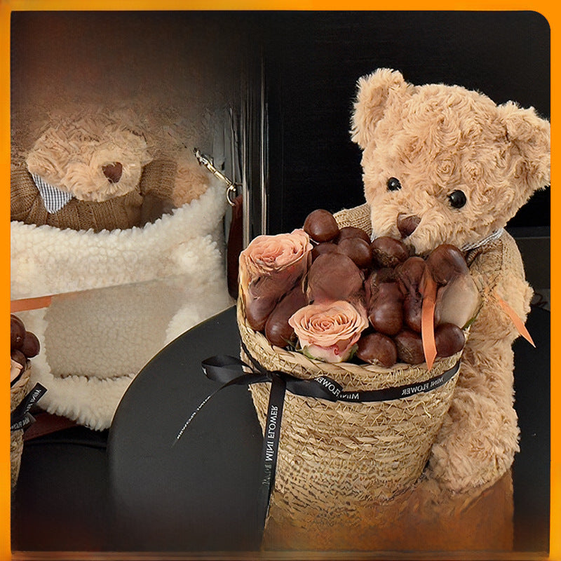 Straw Teddy Bear Hug Basket | Cute Chestnut Bear Basket
