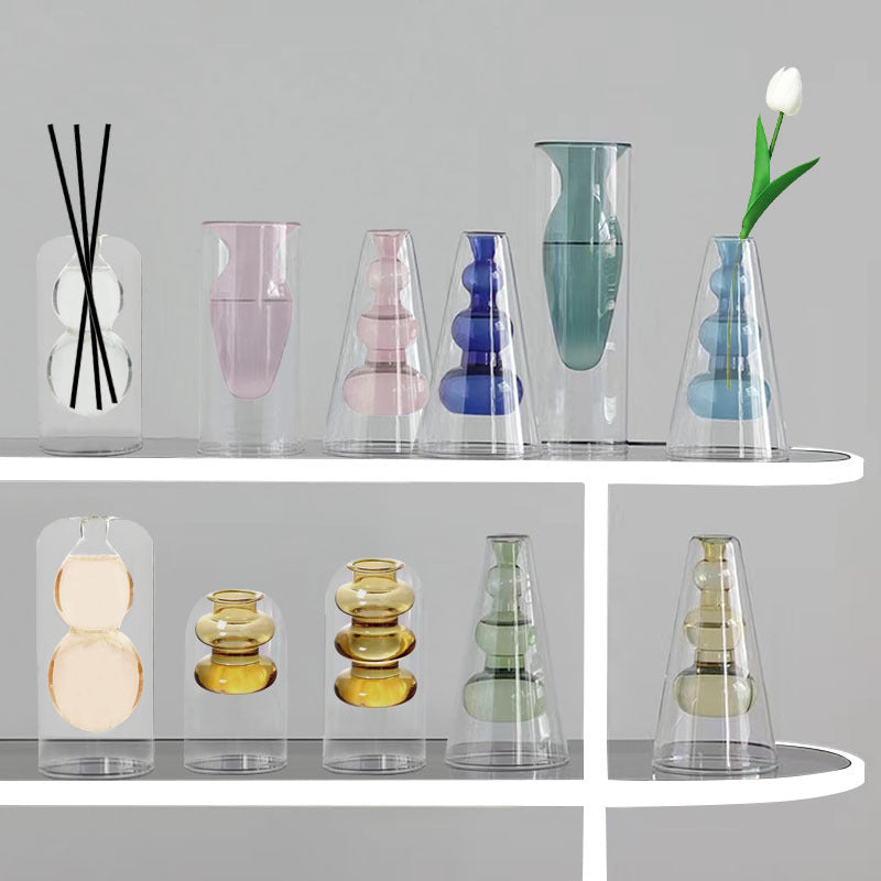 European-Style Fire-Free Aromatherapy Glass Vase – Double-Layer Color Hydroponic Bottle for Living Room Décor